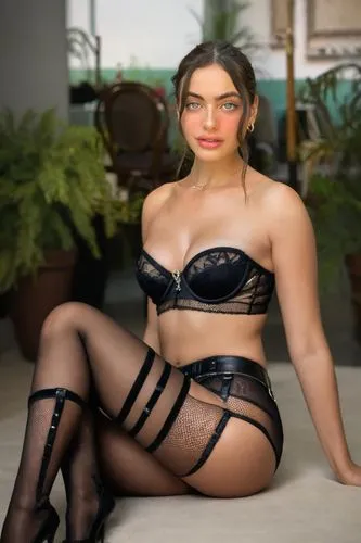 photo-realistic, ultra-realistic face, Israeli lingerie with jewels, pantyhose fishnet with leather garter belt, intricate facial details, strike a pose, strapless,a beautiful brunette woman wearing a