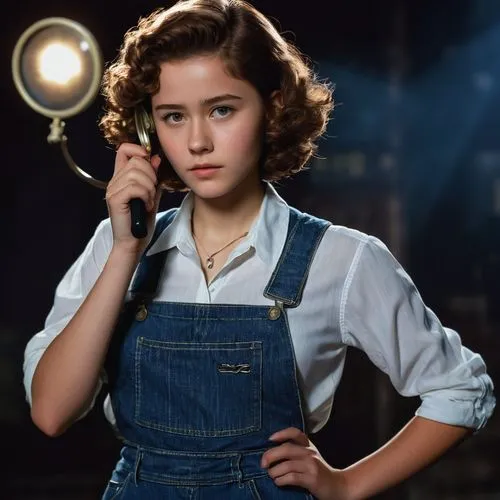 Nancy Drew, teenage detective, solo, (17yo), short curly brown hair, bright inquisitive eyes, minimal makeup, casual clothes, white blouse, blue jeans, sneakers, holding a vintage magnifying glass, st