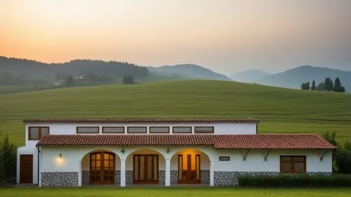 Maintain the original design of the house but add some flower vines to the arches of the façade, the background is a meadow in the middle of the sunset and on the white walls of the façade, you can se