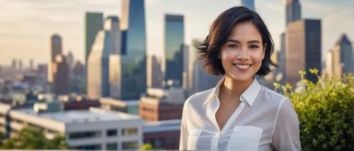 Young female landscape architect, 20s, beginner, standing, hands in pockets, black hair, simple makeup, white blouse, dark blue pants, black shoes, holding a blueprint, smiling, confident, cityscape, 