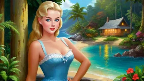 Romantic masterpiece oil painting, cute girl portrait, nostalgic 1950's style kitsch, vibrant rainforest landscape, lush tropical jungle paradise, summer beach cottage scenery, by Thomas Kinkade, by B