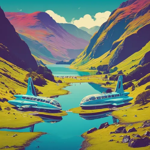 futuristic landscape,boat landscape,pedalos,travelers,acid lake,boats,digital nomads,boat rapids,pedal boats,floating islands,alien planet,travel poster,waterways,alien world,traveller,river landscape,patrols,kayaks,yachts,space ships,Conceptual Art,Sci-Fi,Sci-Fi 29