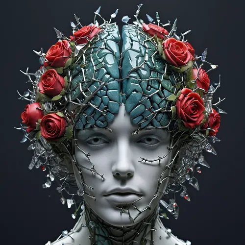 medusa,headpiece,headdress,biomechanical,head woman,human head,humanoid,rosarium,crown of thorns,artist's mannequin,cybernetics,crown-of-thorns,synapse,fractalius,flora,medusa gorgon,woman sculpture,gorgon,neural,crowned,Photography,Artistic Photography,Artistic Photography 11