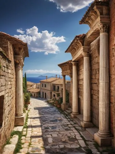 Ancient Greek architectural design, historic Polimi city, Doric columns, ornate marble carvings, grandeur stone structures, intricate mosaics, rustic brick walls, vintage lanterns, weathered copper ro