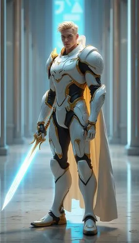 Full-body character design of a handsome man with Nordic features, radiant blonde hair, and bright blue eyes. Wears gleaming, white and gold armor that emits a soft glow. Holds a sword that radiates p