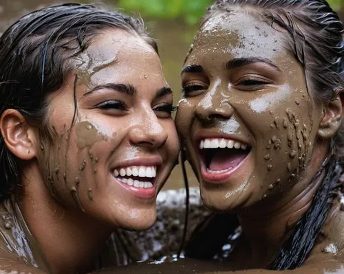  handsome brazilian girl and pretty bbw german girl, they laugh at each other and hug each other tenderly. they are both sweating. they are both soaked and covered in mud and smeared. their hair is so