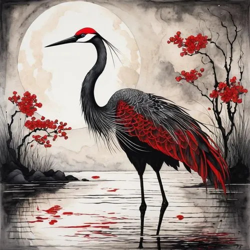 eastern crowned crane,crane,white-naped crane,hiromasa,red-crowned crane,scarlet ibis,bird painting,pacific heron,grey neck king crane,gray crowned crane,blue crane,ardea,grey crowned crane,cranes,keoladeo,japanese art,flamininus,karasu,heronry,nature bird,Art,Artistic Painting,Artistic Painting 49