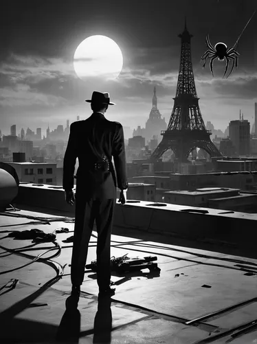 film noir,black city,fallout4,de ville,blackandwhitephotography,atomic age,universal exhibition of paris,detective,eiffel tower under construction,paris,gunfighter,fallout,metropolis,man holding gun and light,paris clip art,man silhouette,investigator,casablanca,sillhouette,al capone,Photography,Black and white photography,Black and White Photography 08