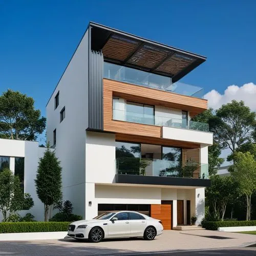 this modern house has two car parking spaces in front,modern house,modern architecture,cubic house,folding roof,smart house,passivhaus