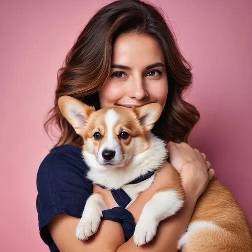 Una guapa morena con pantalones blanco y vaqueros sosteniendo y abrazando al cachorro corgi con el fondo rosado del avión. Amor a los animales, concepto de mascotas. mujer alegre sosteniendo al perro 