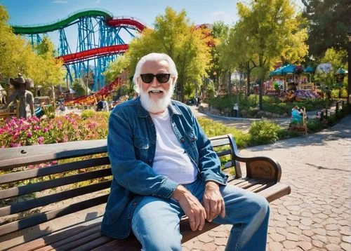 Old man, Six Flags, amusement park, white hair, beard, sunglasses, casual wear, denim jeans, sneakers, walking stick, relaxed posture, sitting on bench, looking at rollercoaster, excited facial expres