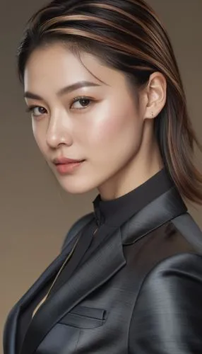 asian  woman face model, black hair, suit,  angular cheekbones,  Strong and angular mandibule, smile,Japanese woman with model face and suit,kreuk,portrait background,fashion vector,world digital pain