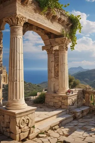 Ancient Greek-inspired architecture, ornate columns, intricate carvings, weathered stone walls, crumbling arches, vines crawling up pillars, aged bronze statues, forgotten library, dusty tomes, parchm