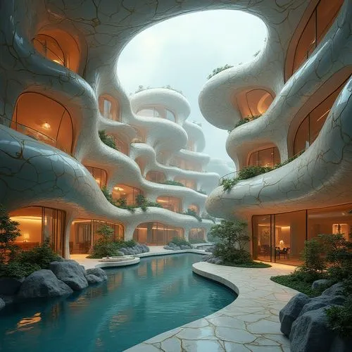 futuristic architecture,futuristic landscape,earthship,luxury hotel,arcology,mushroom landscape,fractal environment,ecotopia,asian architecture,intercontinental,biospheres,interlace,futuristic art museum,hotel complex,3d fantasy,therme,shangri,virtual landscape,sky space concept,3d rendering,Photography,General,Realistic