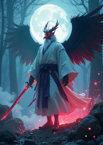 天狗（てんぐ Tengu）是日本傳說中的一種生物。
頭上戴著小型黑色冠帽，紅色的臉，紅色怒目，白色濃粗怒眉。小木偶般的紅色長鼻子，白色鼻下翹鬍子，憤怒尖牙，背後長著黑色烏鴉羽毛翅膀，穿著白色「山伏」（日本服飾的一種，修驗道修行僧穿的），腳踩日本傳統的Geta (footwear)，單腳直立，另一腳抬起姿態，左手拿黑燄長劍，右手拿白色羽毛扇子，腰際懸著武士刀，赤燄、紫紅電光圍繞身體。展翅飛翔在空中。