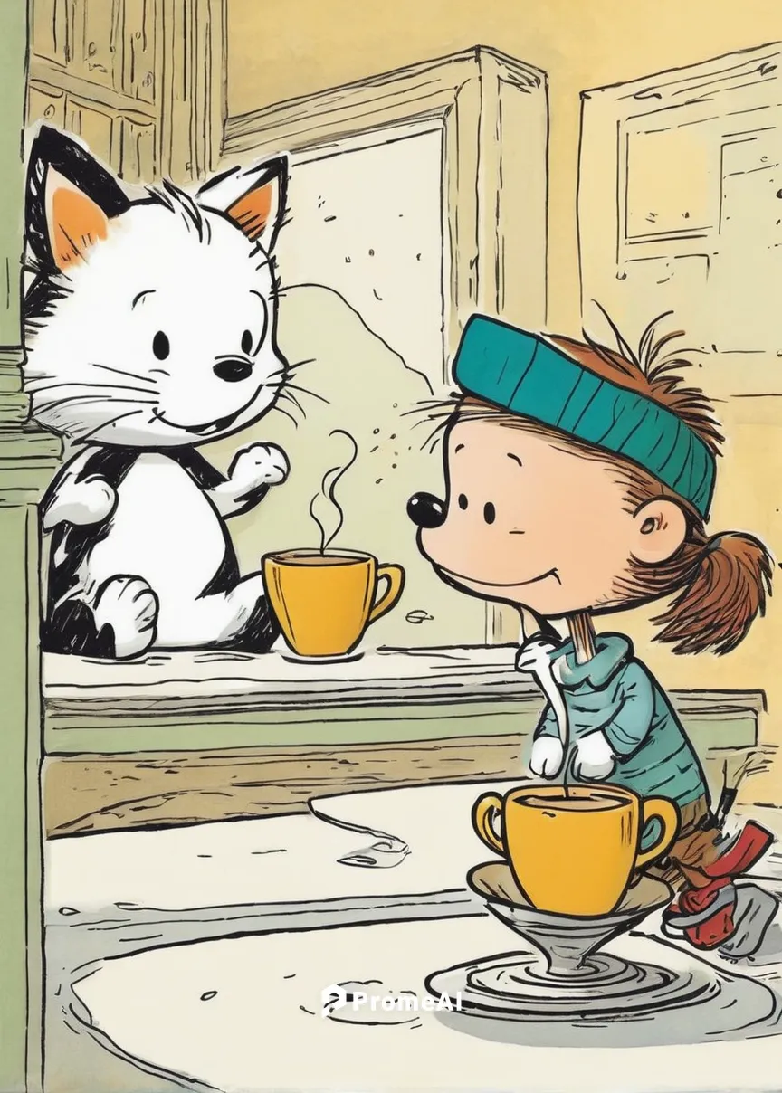 Write a heartwarming story about a spilled cup of coffee leading to a serendipitous encounter between strangers.,cat drinking tea,tea party cat,pouring tea,kate greenaway,drinking coffee,cat's cafe,te