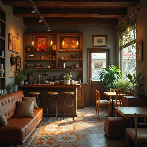 Regionalism style coffee shop, cozy atmosphere, wooden accents, vintage decorations, earthy tones, natural materials, rustic textures, warm lighting, comfortable seating, plants on shelves, local artw