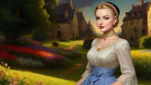 Romantic masterpiece oil painting, beautiful curvy busty woman portrait, silk sarafan dress, nostalgic 1950's style kitsch, breathtaking beautiful epic vast landscape, floral fields, majestic open out