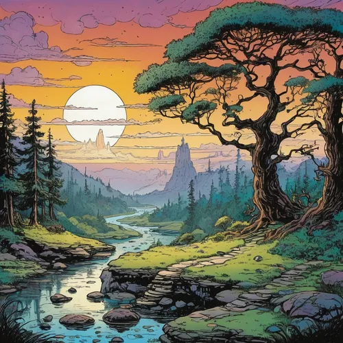 fantasy landscape,mushroom landscape,an island far away landscape,mountain sunrise,cartoon forest,forest landscape,mountain landscape,nature landscape,purple landscape,landscape background,high landscape,serengeti,valley of the moon,mountain scene,the trees,landscapes,fantasy picture,studio ghibli,lunar landscape,dusk,Illustration,Children,Children 02