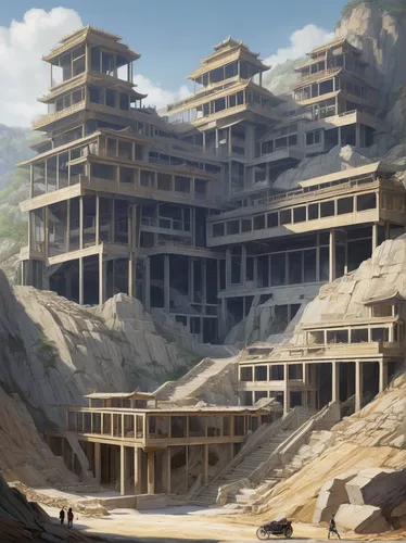 hashima,tigers nest,ancient city,mountain settlement,ancient buildings,stone palace,ancient house,asian architecture,gunkanjima,chinese architecture,dunes house,quarry,building valley,development concept,japanese architecture,ancient building,terraced,chinese temple,tuff stone dwellings,apartment complex,Illustration,Retro,Retro 07