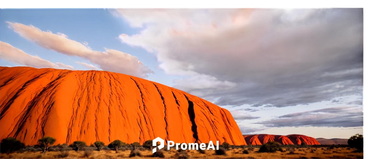 Beautiful Australia, Uluru (Ayers Rock) at sunset, vast desert landscape, red rock monolith, intricate rock patterns, Aboriginal painting-inspired textures, warm golden light, dramatic clouds, 3/4 com