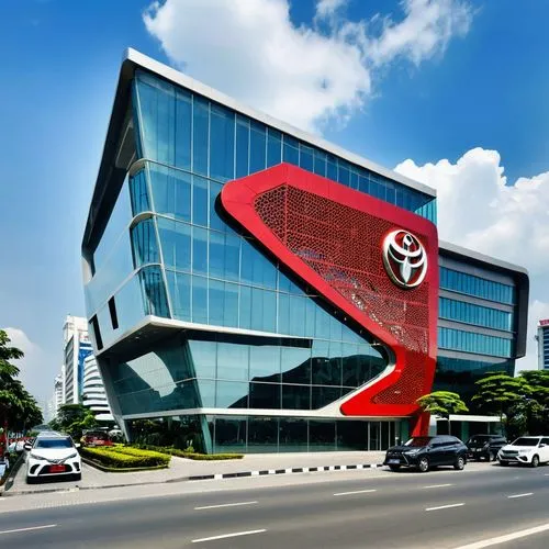 A LUXURIOUS TOYOTA MOTORS DEALER, TWO STOREYS, SURABAYA, STREET JUNCTION, RED CRESCENT LOGO, PERFORATED BLACK METALS BUILDING COVER, LARGE PARKING AREA AT FRONT, LARGE STEEL COLLONADE , GOLDEN LINING,