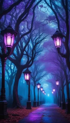 street lamps,streetlamps,tree lined avenue,purple landscape,street lights,tree lined path,halloween bare trees,streetlights,tree-lined avenue,purple wallpaper,halloween background,tree lined lane,purple,fairy lanterns,tree lights,enchanted forest,lamplighters,lamplight,dark park,haunted forest,Conceptual Art,Daily,Daily 16