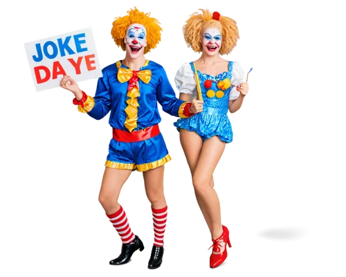 Funny joke character, cartoon style, laughing expression, bright blue eyes, messy blond hair, red nose, yellow teeth, colorful clown costume, oversized shoes, holding a "Joke of the Day" sign, standin