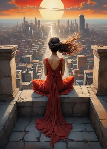 red sun,fantasy picture,red cape,red gown,world digital painting,man in red dress,Illustration,Realistic Fantasy,Realistic Fantasy 05