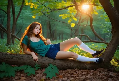 the serene landscape of a caucasian girl's home comes alive as she gazes down on a forest of emerald green leaves. She wears a cozy blue blouse and a black top, and a cozy blue shorts white socks, whi