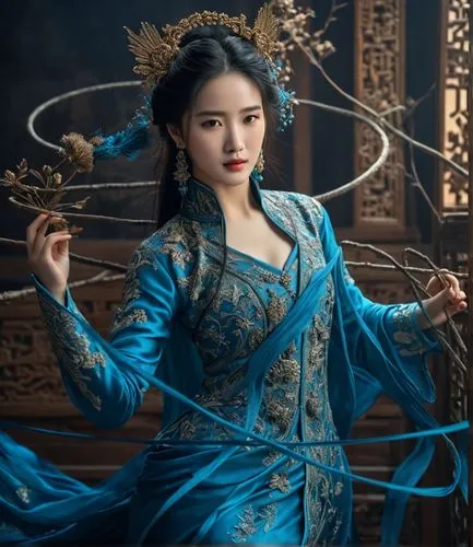 刘亦菲，蓝色丝线,a beautiful asian woman wearing blue and holding flowers,yifei,sanxia,jingqian,xiaoqing,hanfu,xiaofei,Photography,General,Fantasy