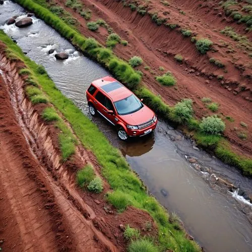 A red Land Rover Freelander 4 wheel car is traveling on an off-road route. There is a stream blocking the car's running path.,jeep compass,nissan x-trail,volvo xc70,jeep trailhawk,jeep grand cherokee,