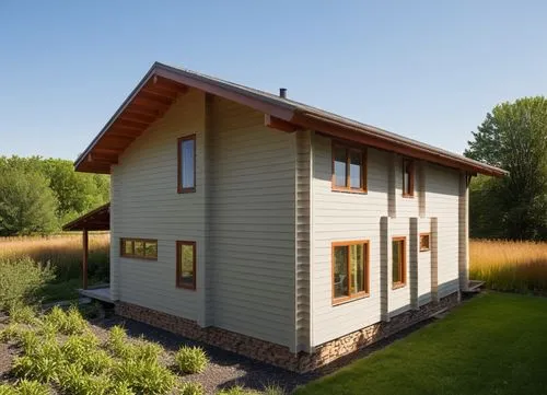 small modern house surrounded by a garden.
The walls are wood white. Gray roof.,a house sitting in the middle of a lush green field,passivhaus,inverted cottage,prefabricated buildings,cohousing,arkite