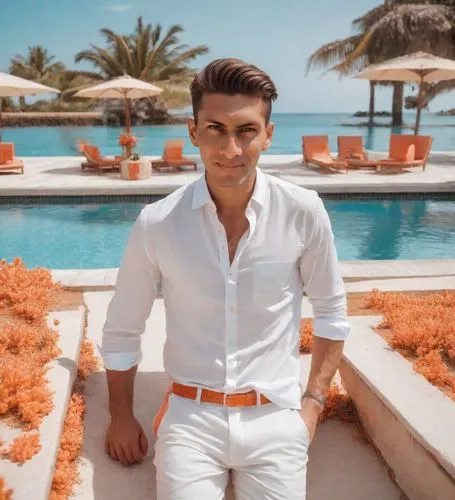 Un hombre joven corpulento sentado en una piscina lujosa de un resort ,white shirt,abdel rahman,cristiano,resort,white clothing,love island,mykonos,maldives,mediterranean,young model istanbul,khan el 