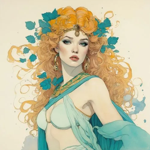 mucha,art nouveau,flora,amano,venus,fashion illustration,rusalka,merida,aphrodite,virgo,siren,fantasy portrait,masquerade,artemisia,nami,water nymph,vintage illustration,fantasy woman,art nouveau design,zodiac sign libra,Illustration,Paper based,Paper Based 19