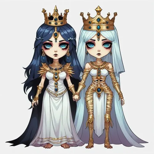 2d front sprite of a gothic colored spooky evil anime mummy goddess king and queen monster, transparent background,two anime princesses standing next to each other,priestesses,empresses,consorts,crown