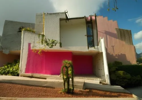 Design of a minimalist style house with colors of Mexican architecture, with the influence of Mexican architect Luis Barragán, Mexican white and pink colors, vegetation, people, urban environment, hyp