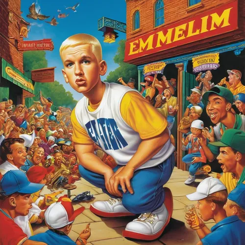 Craft an Eminem album cover with a vibrant and energetic atmosphere.,cd cover,little league,bombay mix,hip-hop,album cover,european starlin,hip hop music,hip hop,peanuts,slum,marshall,sports collectib