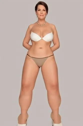 a full-figured woman with smooth and pale skin. she has large and sagging breasts. she has thick thighs. she has pot belly. she has big ass. she's wearing a Brazilian cut g-string bikini. she is stand