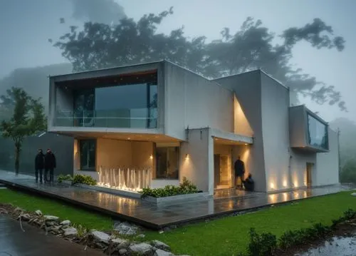 a very elegant house on a cloudy day,modern house,3d rendering,cubic house,modern architecture,render,cube house,Photography,General,Realistic