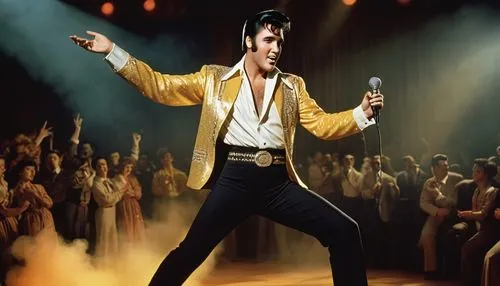 Elvis Presley, 1950s rockstar, iconic hairstyle, thick black sideburns, prominent nose, charismatic smile, flashy gold lamé jacket, white shirt, black pants, shiny black boots, microphone, lively danc