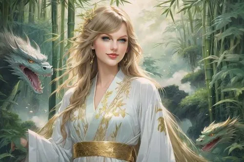 taylor swift headshot,fantasy picture,fantasy portrait,fairy queen,fantasy art,fantasy woman,golden unicorn,forest background,forest dragon,the enchantress,fairy tale character,enchanting,faerie,portr