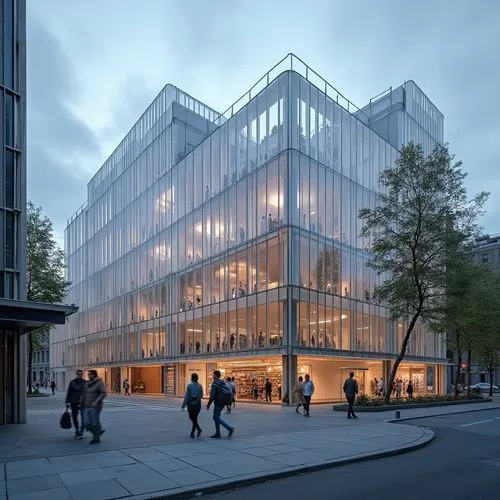  ,a large glass building with people walking around in the sidewalk,mvrdv,arkitekter,bjarke,gronkjaer,glass facade,architekten