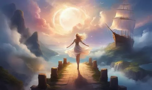 fantasy picture,the mystical path,dream world,trine,fantasia,fantasy landscape,guiding light,dreamscape,world digital painting,magical adventure,janna,dreamlands,wayfinder,wonderlands,moon and star ba