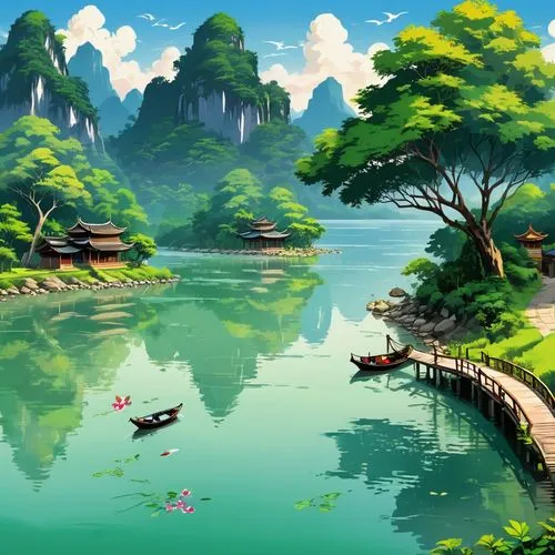 landscape background,river landscape,cartoon video game background,fantasy landscape,idyllic,world digital painting,an island far away landscape,bird kingdom,lagoon,beautiful lake,nature background,floating islands,boat landscape,frog background,underwater oasis,lake tanuki,beautiful landscape,beautiful wallpaper,forest lake,a small lake,Unique,Design,Sticker