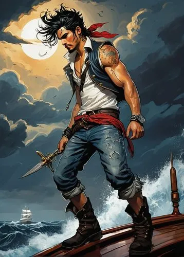 Male, pirate, muscular, rugged, 25yo, spiky black hair, scar above left eyebrow, silver hoop earring, worn leather boots, ripped blue jeans, white sleeveless shirt, red bandana, treasure map tattoo on