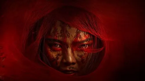 red lantern,red riding hood,red paint,red skin,bloody mary,bleeding eyes,little red riding hood,red earth,a drop of blood,dark art,han thom,blood hound,darth talon,dripping blood,red sun,world digital painting,root chakra,mystical portrait of a girl,blood moon,gochujang,Game Scene Design,Game Scene Design,Chinese Horror