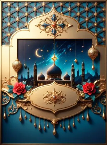 a wall mounted on the side of a building with decorations,ramadan background,arabic background,khorramshahi,ramadani,star mosque,qibla,Anime,Anime,General