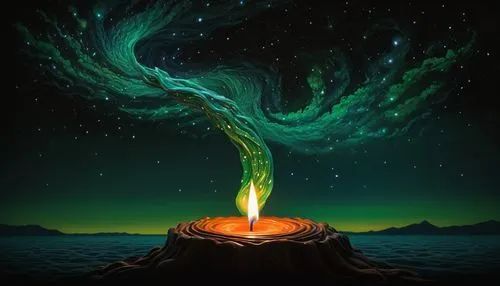 A single candle, unlike any other. Its base is a sculpted hand reaching out, its fingers cradling a pool of molten wax that forms a swirling galaxy. The wick itself is a thin, vibrant green flame that