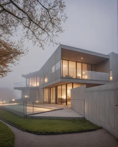 modern house,modern architecture,dunes house,danish house,archidaily,cube house,cubic house,frame house,morning fog,morning mist,ruhl house,foggy landscape,residential house,kirrarchitecture,foggy day